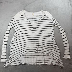 Free People Sweater Women’s Medium White Black Striped Thermal High Low Hem